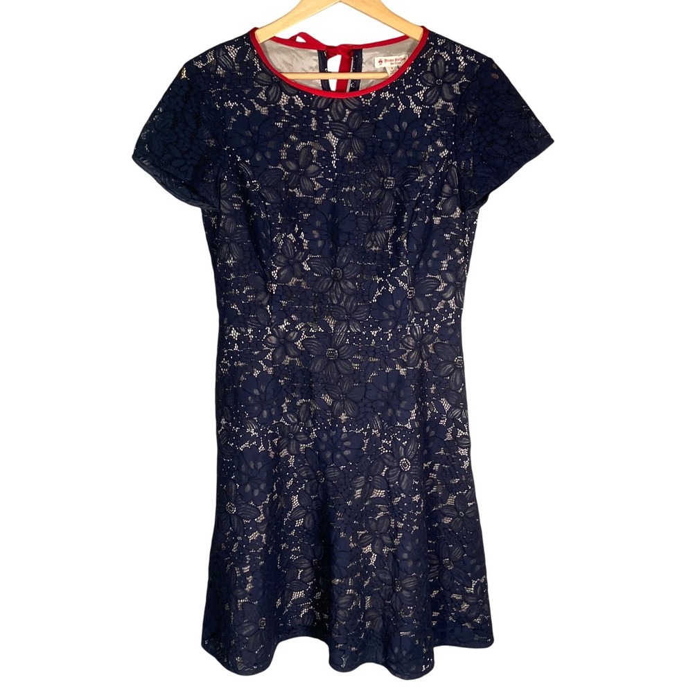 Brooks Brothers Red Fleece Dress Floral Lace Womens 6 Cotton Blend Navy Blue Tie